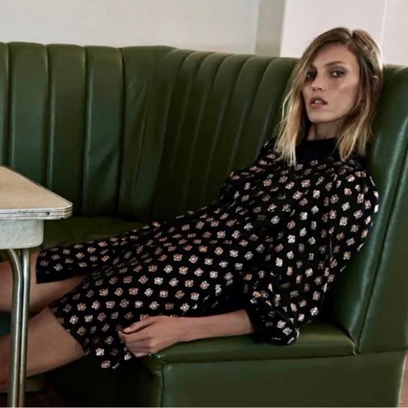 Zara Black with Gold Metallic Polka Dots Aline Button Up Holiday Dress - Picture 1 of 6